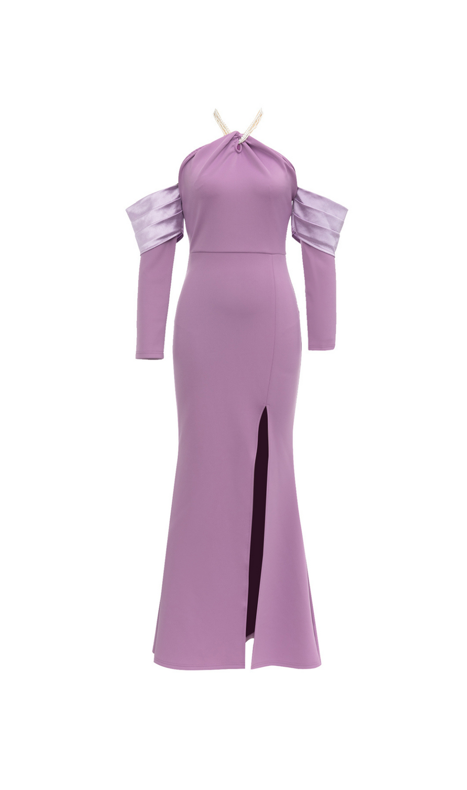 ABITO LUNGO CHARLOTTE CON SPALLE SCOPERTE E PERLE, HALTER, VIOLA