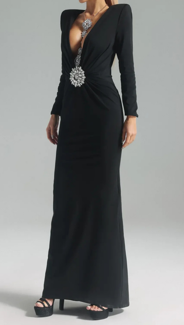 AIIZIE BERNICE LONG SLEEVE DRAPED EMBELLISHED MAXI DRESS IN BLACK - product image