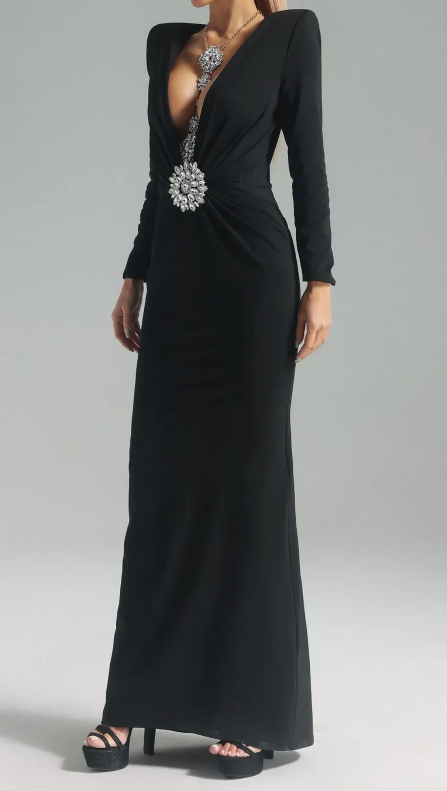 BERNICE LONG SLEEVE DRAPED EMBELLISHED MAXI DRESS IN BLACK