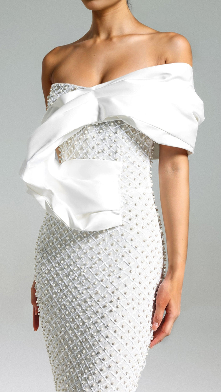 PEARL EMBELLISHED OFF-SHOULDER MIDI DRESS