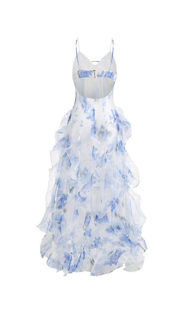 AIIZIE BELINDA BLUE FLORAL VERTICAL RUFFLE TRIM MAXI DRESS - product image