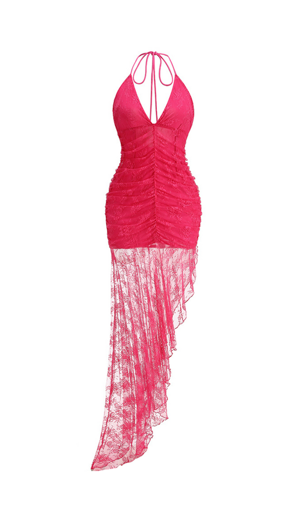 AIIZIE ADITI RUCHED LACE BODYCON MIDI DRESS IN RED - product image
