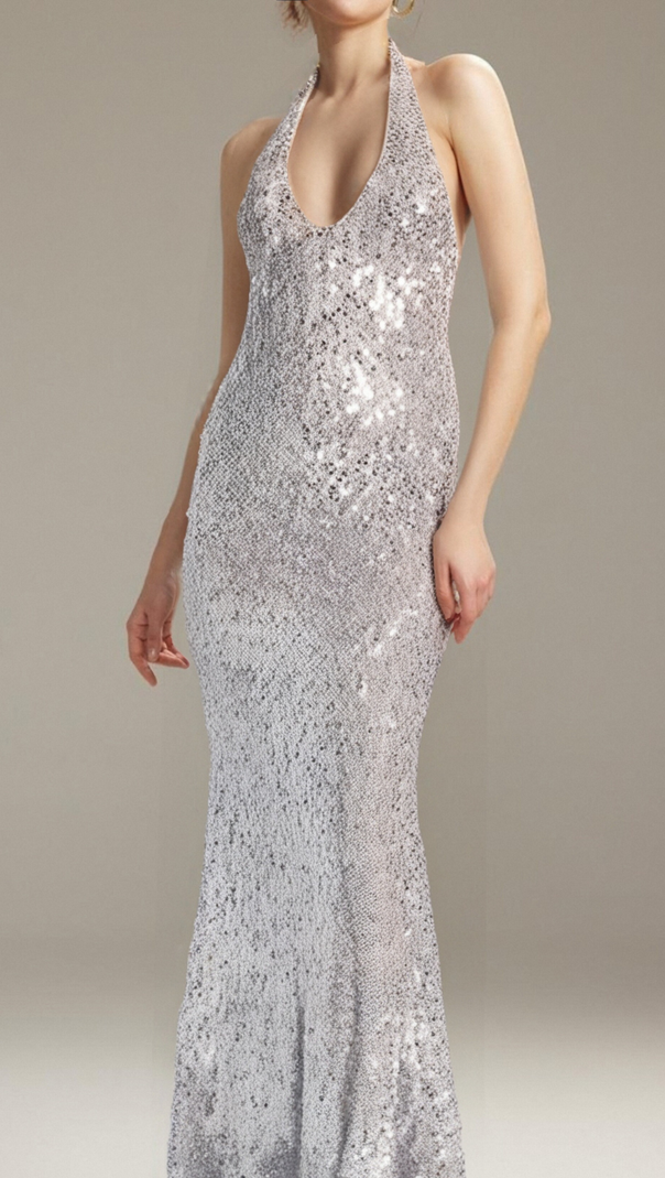 AIIZIE BARBARA HALTER SEQUIN MAXI DRESS IN SILVER - product image