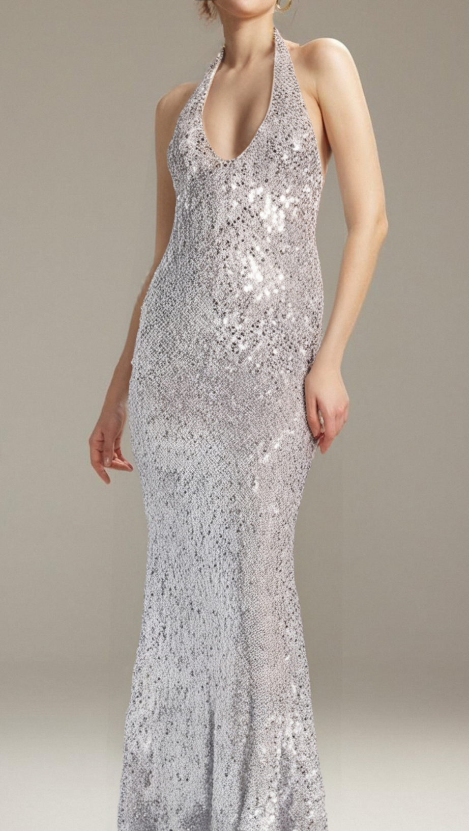 BARBARA HALTER SEQUIN MAXI DRESS IN SILVER