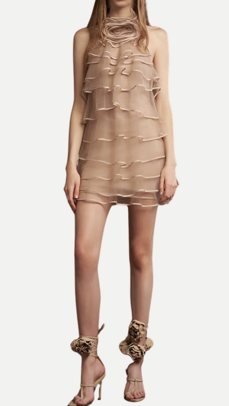 CHIFFON SLEEVELESS RUFFLE MINI DRESS IN KHAKI