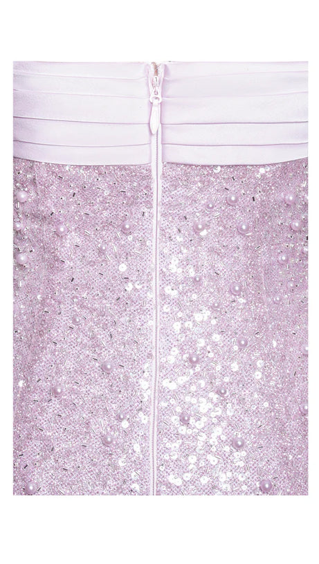 PINK SATIN SEQUIN PEARLS BEADED MAXI DRESS