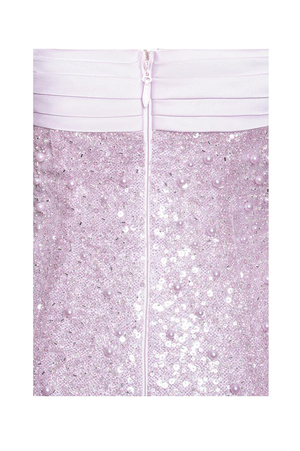 PINK SATIN SEQUIN PEARLS BEADED MAXI DRESS