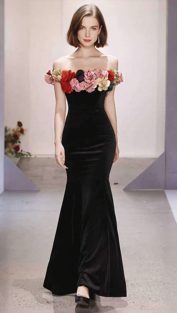 AIIZIE ONE-SHOULDER GOLD VELVET FISHTAIL MAXI DRESS IN BLACK - product image