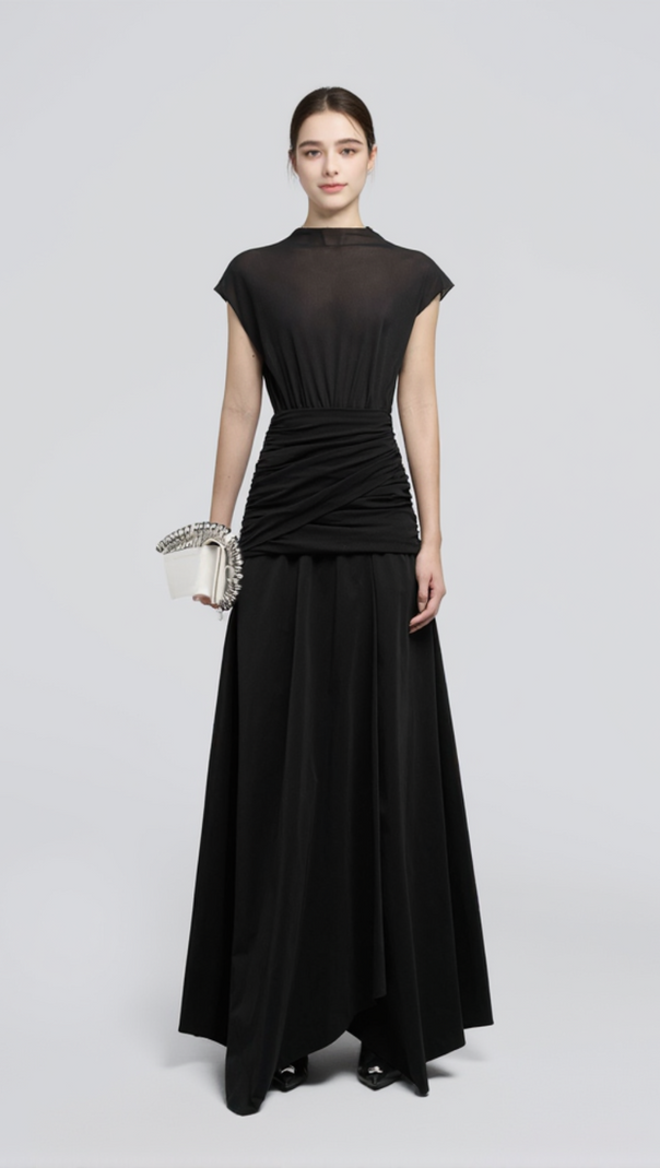 AIIZIE BLACK WAIST CROSS PLEATS MIDI DRESS WITH ASYMMETRIC HEMLINE - product image