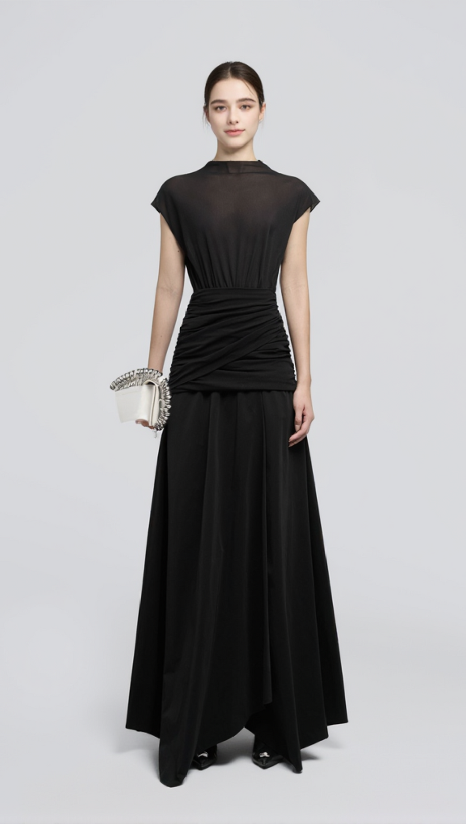 BLACK WAIST CROSS PLEATS MIDI DRESS WITH ASYMMETRIC HEMLINE