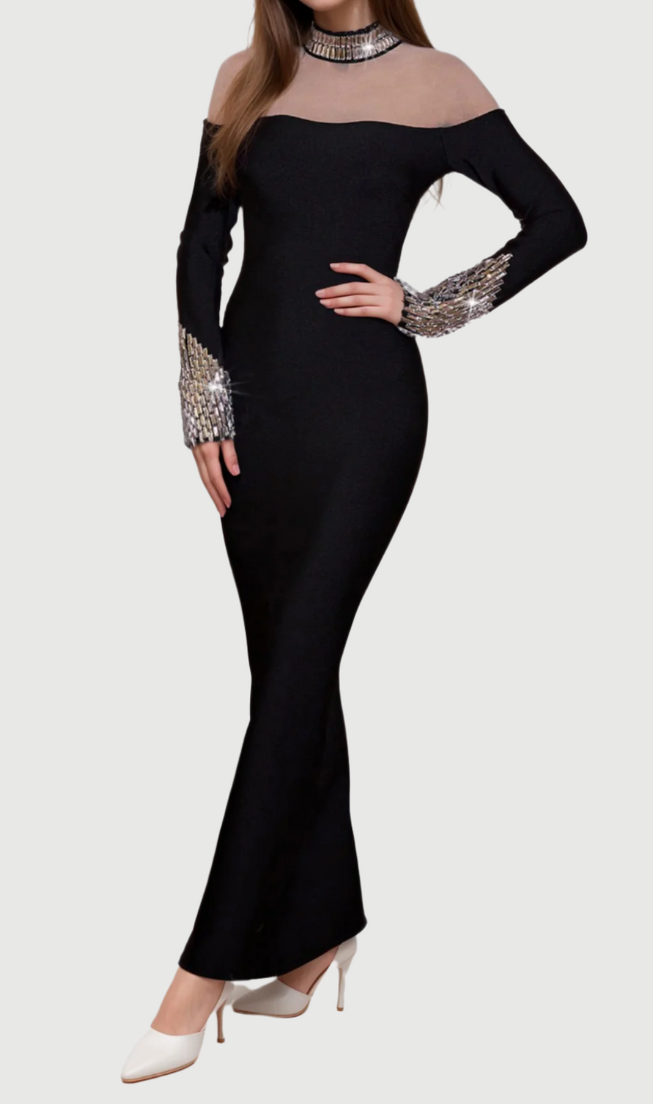 Alexandra – Langärmliges Bandage-Maxikleid mit Strasssteinen in Schwarz