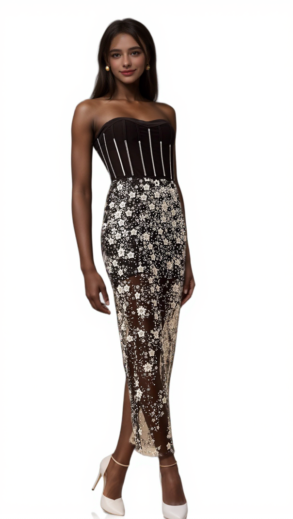 AIIZIE OPHÉLIE BLACK SEQUINED FLOWER CORSET MIDI DRESS - product image