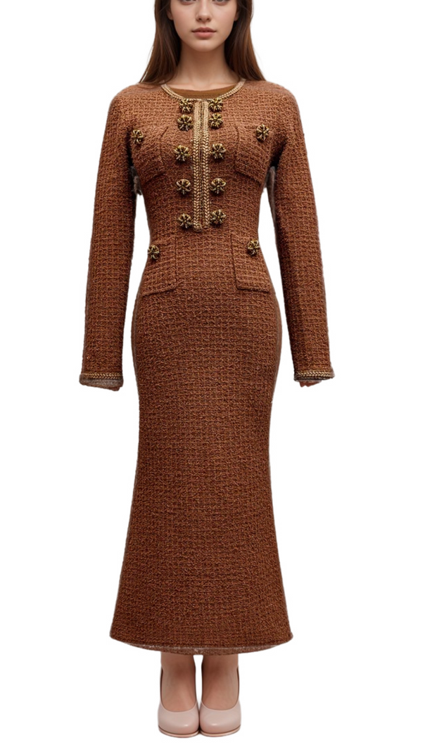 AIIZIE AMELIA BRAIDED-EDGE TWEED MIDI DRESS IN BROWN - product image