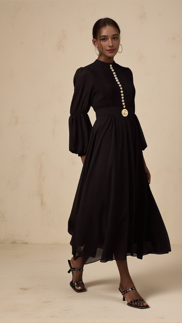 AIIZIE LANTERN SLEEVE SILK MIDI DRESS IN BLACK - product image