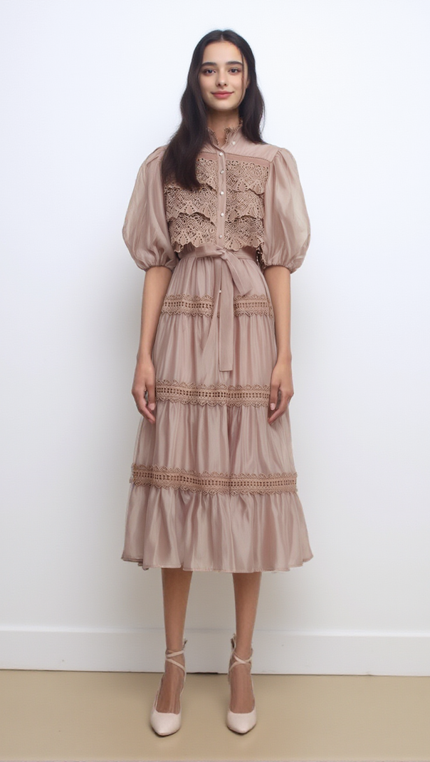 AIIZIE INÈS LACE CUT-OUT TIERED MIDI DRESS - product image