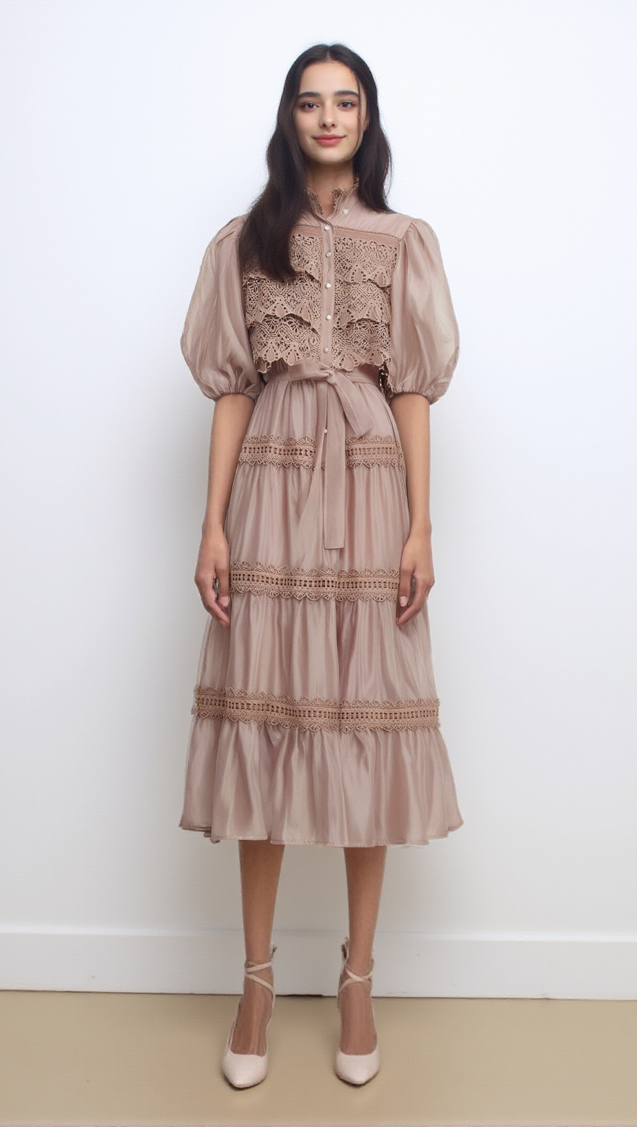 INÈS LACE CUT-OUT TIERED MIDI DRESS