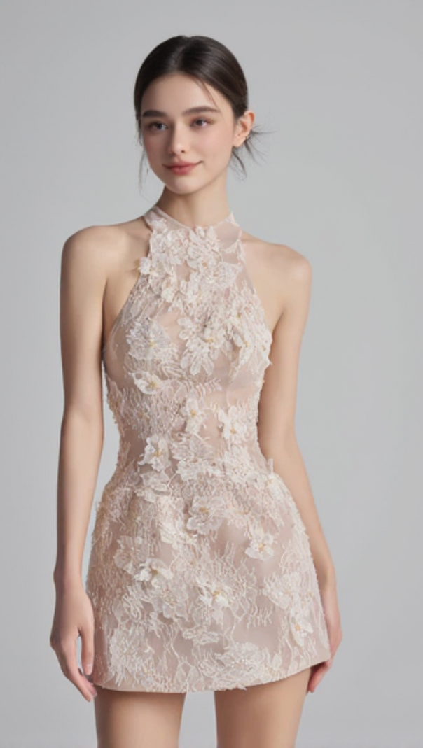 AIIZIE FLORAL LACE MINI DRESS IN BEIGE ORANGE - product image