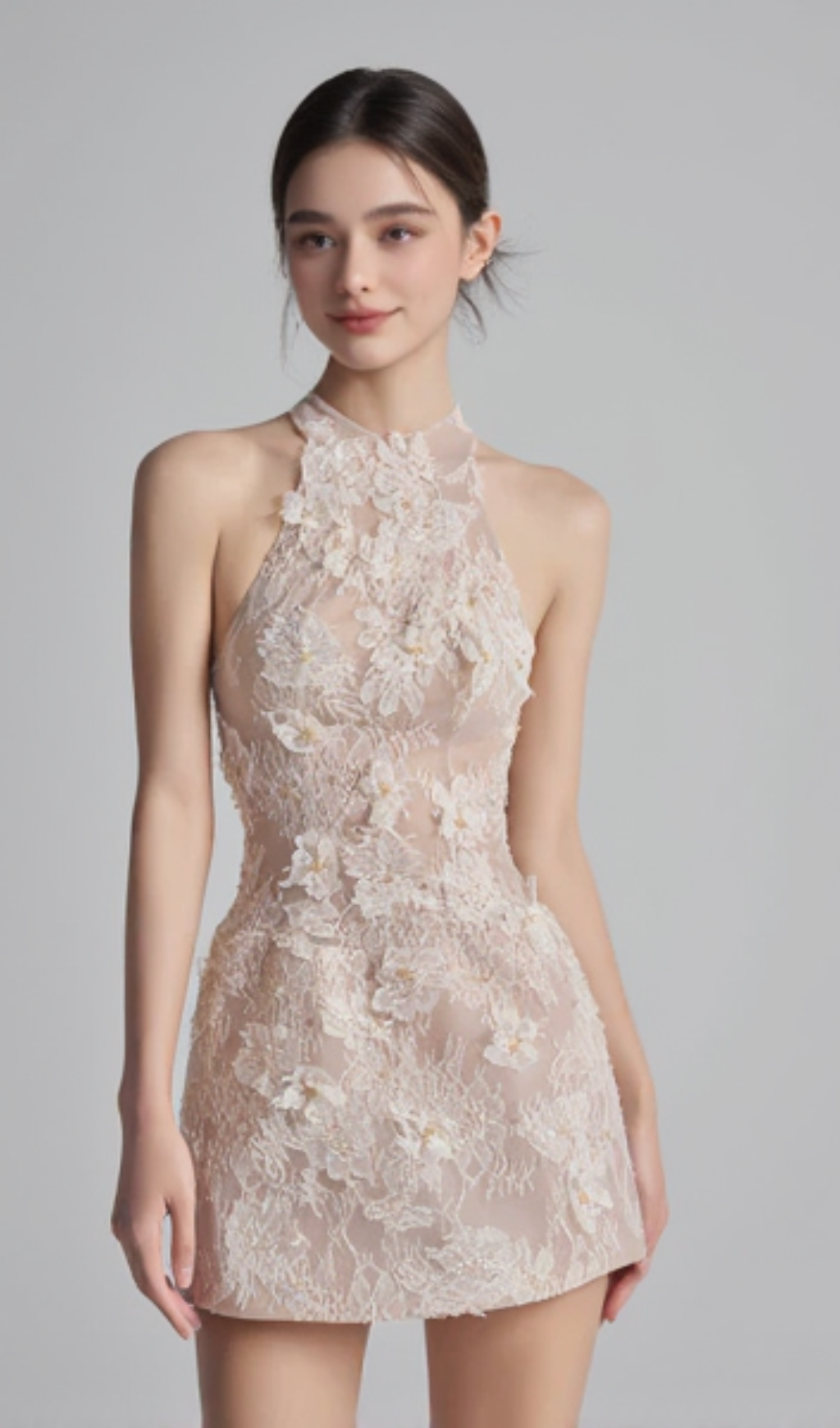 Minikleid Aus Blumenspitze In Beige-Orange