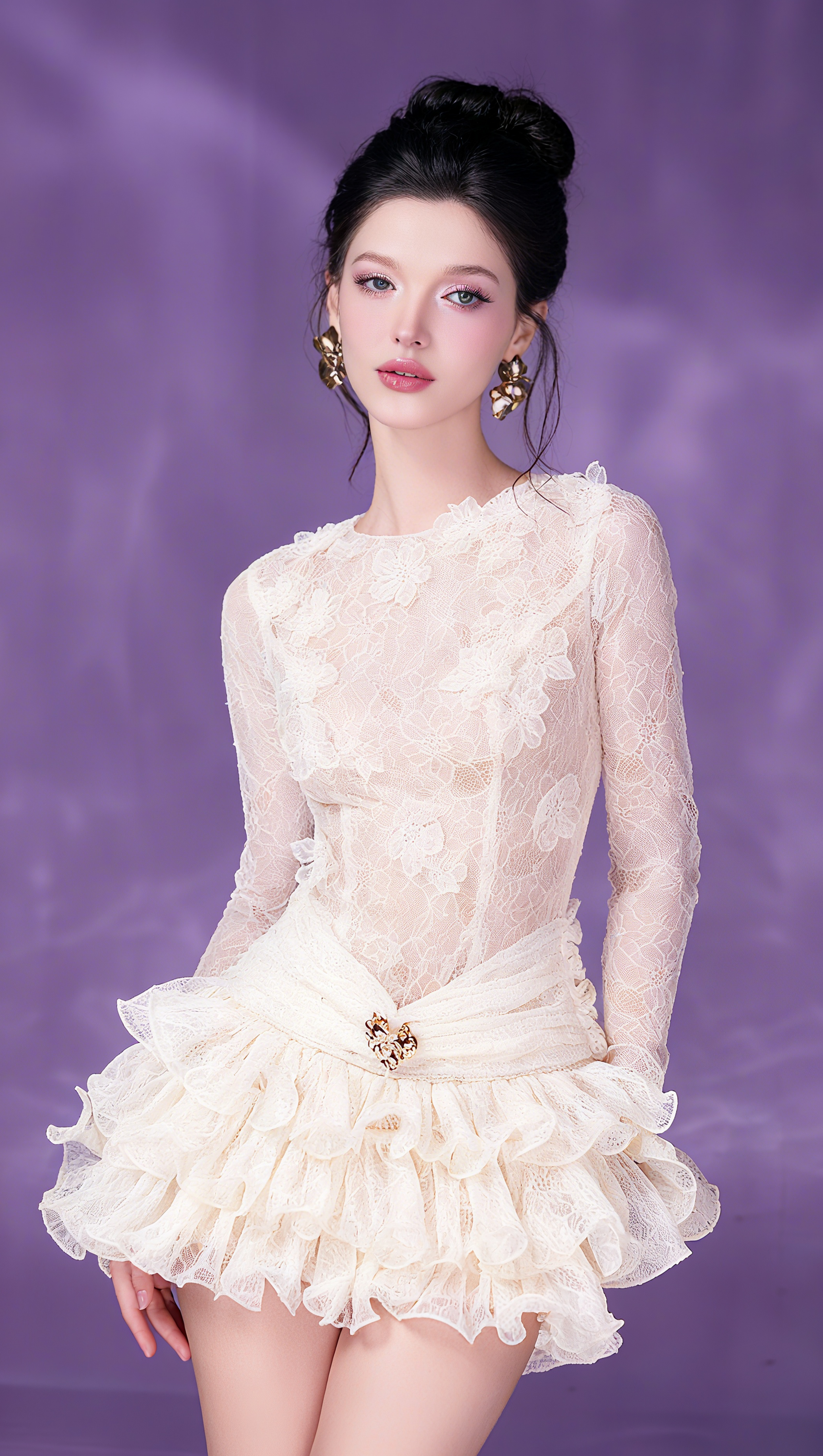 AIIZIE EUDORA LACE EMBROIDERY RUCHED TRIM MINI DRESS IN WHITE - product image