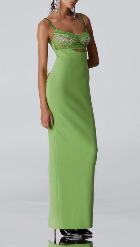 GREEN BEADING BANDAGE MIDI DRESS