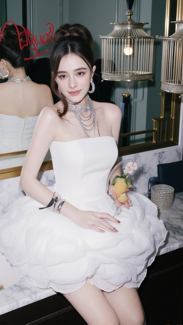 AIIZIE SEBAST FLOWER STRAPLESS VELVET MINI DRESS IN WHITE - product image