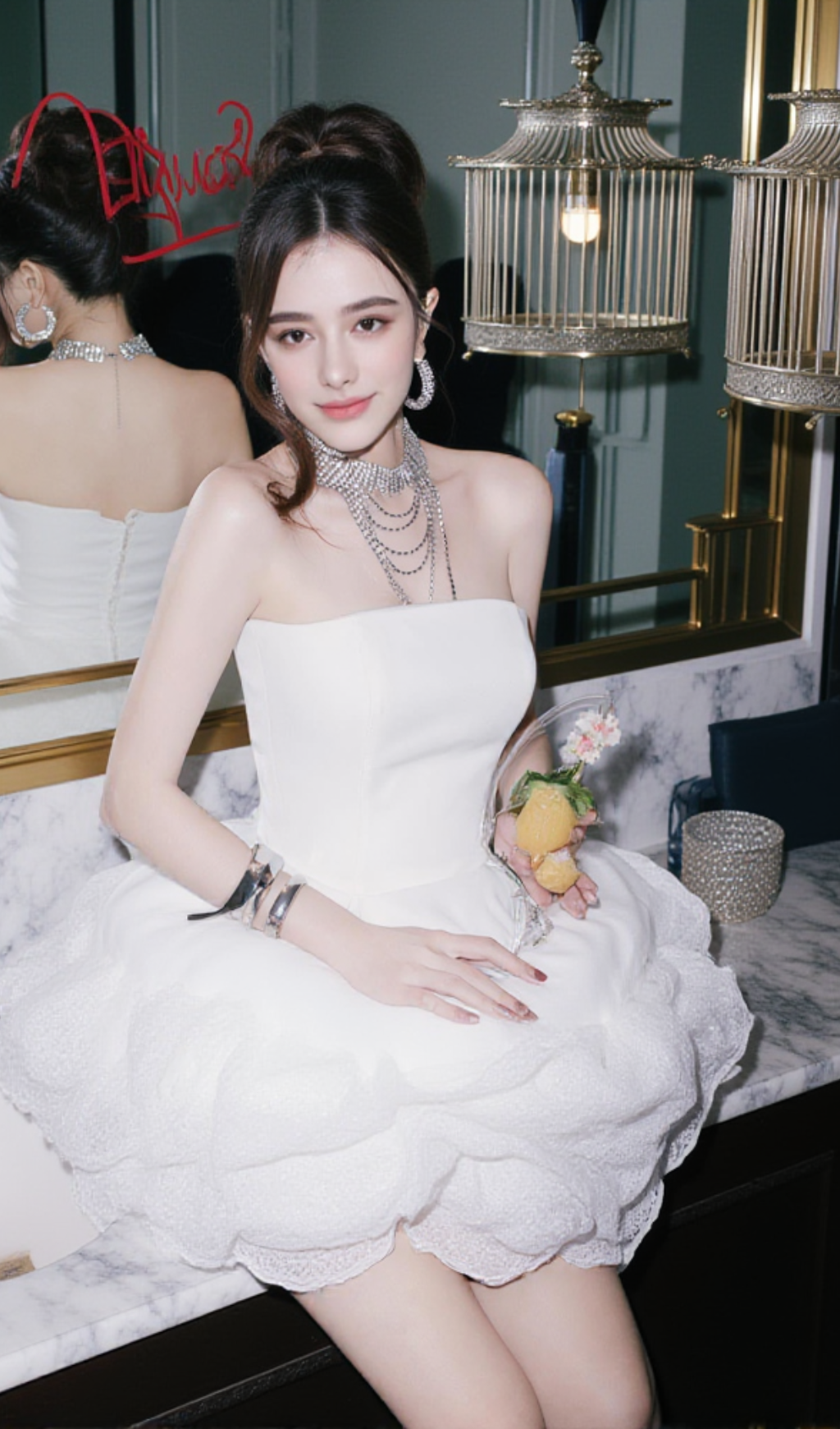 SEBAST FLOWER STRAPLESS VELVET MINI DRESS IN WHITE