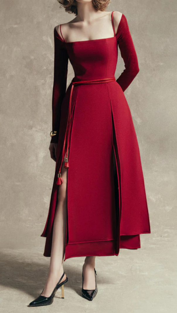 AIIZIE PHANTOM FRINGED MIDI DRESS IN RED - product image