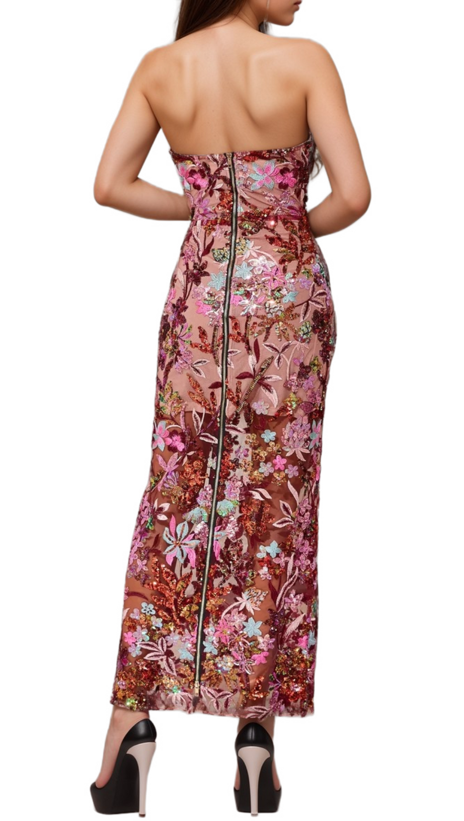 ARABELA CHACHI RED STRAPLESS FLOWER EMBROIDERY MAXI DRESS