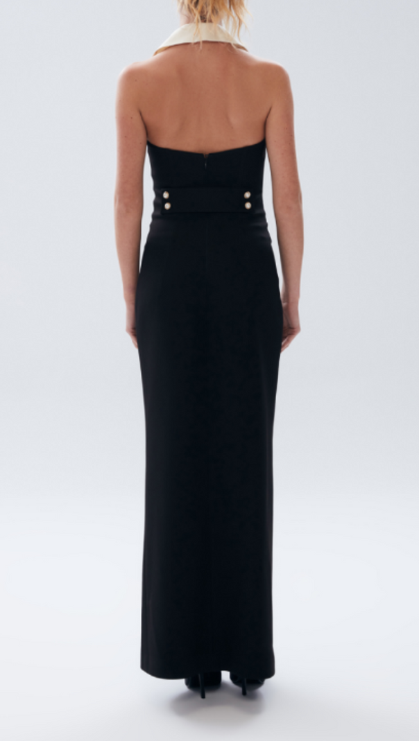 AIIZIE PEARL-BUTTON HALTER BLACK MAXI DRESS - product image