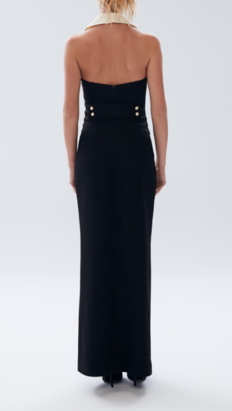PEARL-BUTTON HALTER BLACK MAXI DRESS