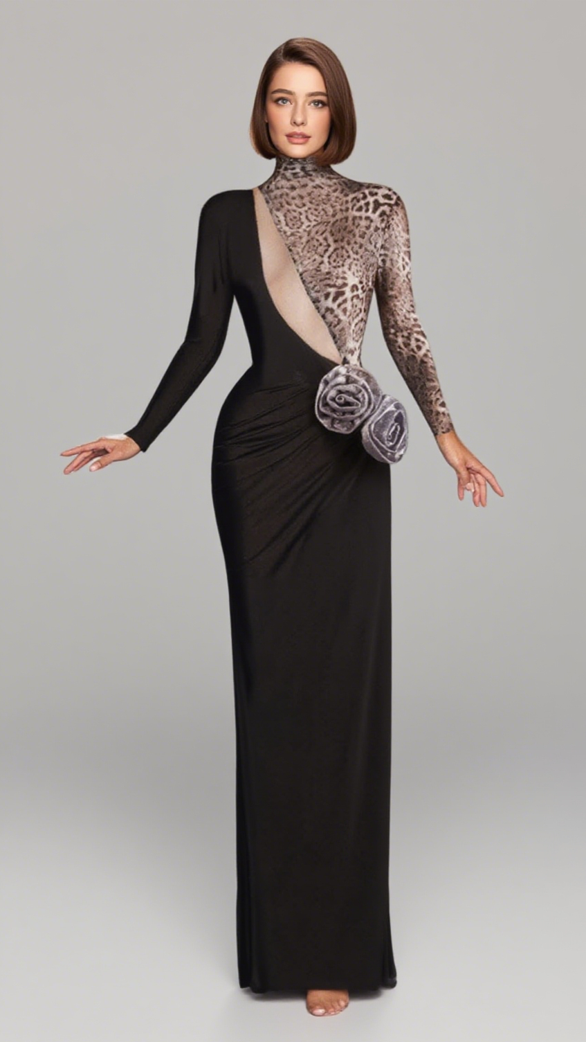 LEOPARD PRINT FLORAL ACCENT MAXI DRESS IN BLACK