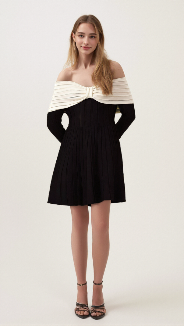 AIIZIE JUSTINE BLACK OFF-SHOULDER BOW KNIT MINI DRESS - product image