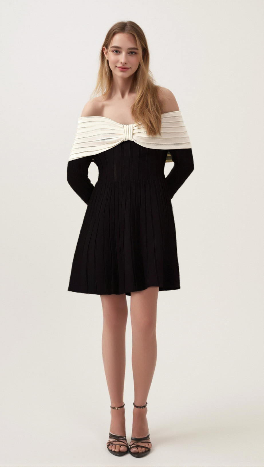 JUSTINE BLACK OFF-SHOULDER BOW KNIT MINI DRESS
