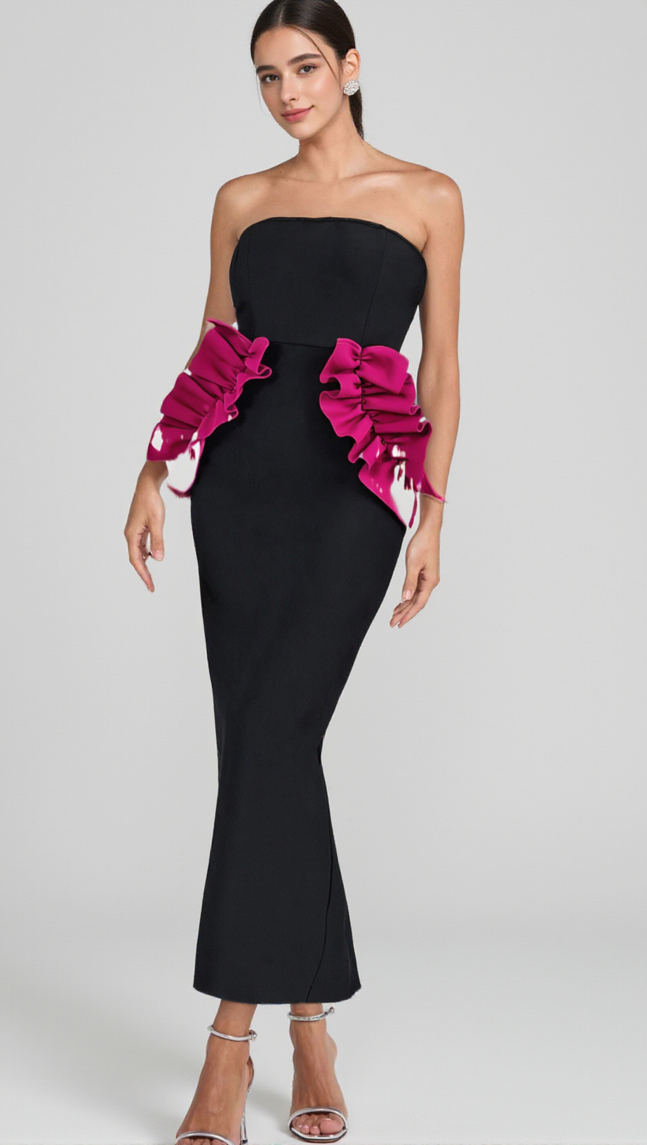 PLEATED ORNAMENTED BANDAGE MAXI DRESS IN BLACK
