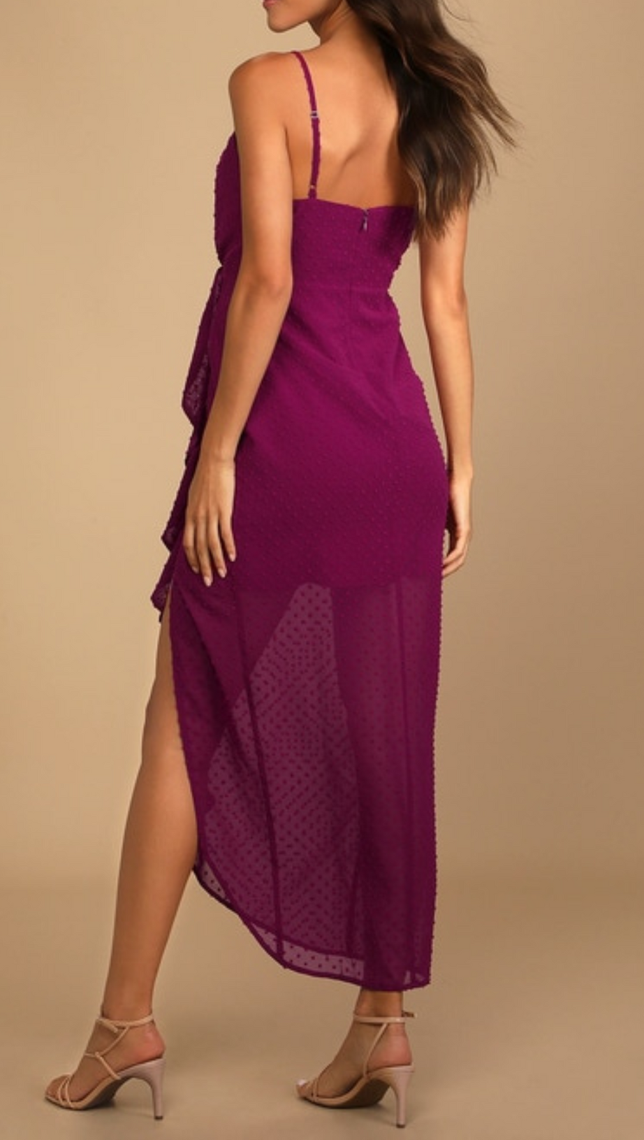 DOT RUFFLED MIDI DRESS IN MAGENTA