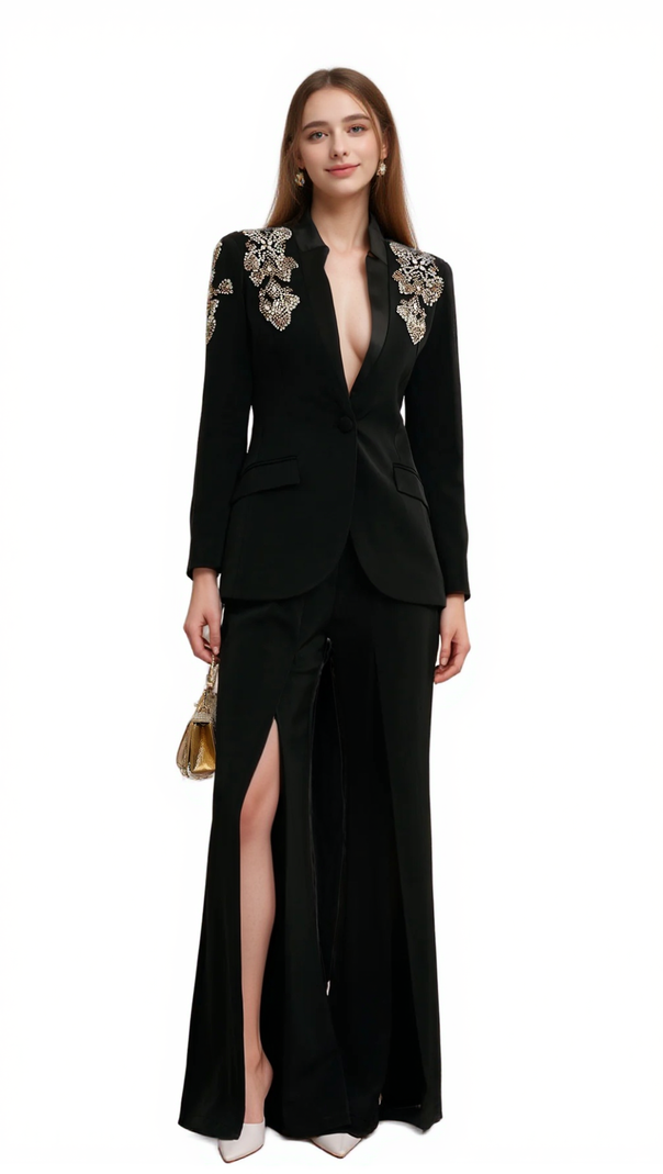 AIIZIE DELPHINE BLACK EMBELLISHED JACKET & TROUSERS MATCHING SET - product image