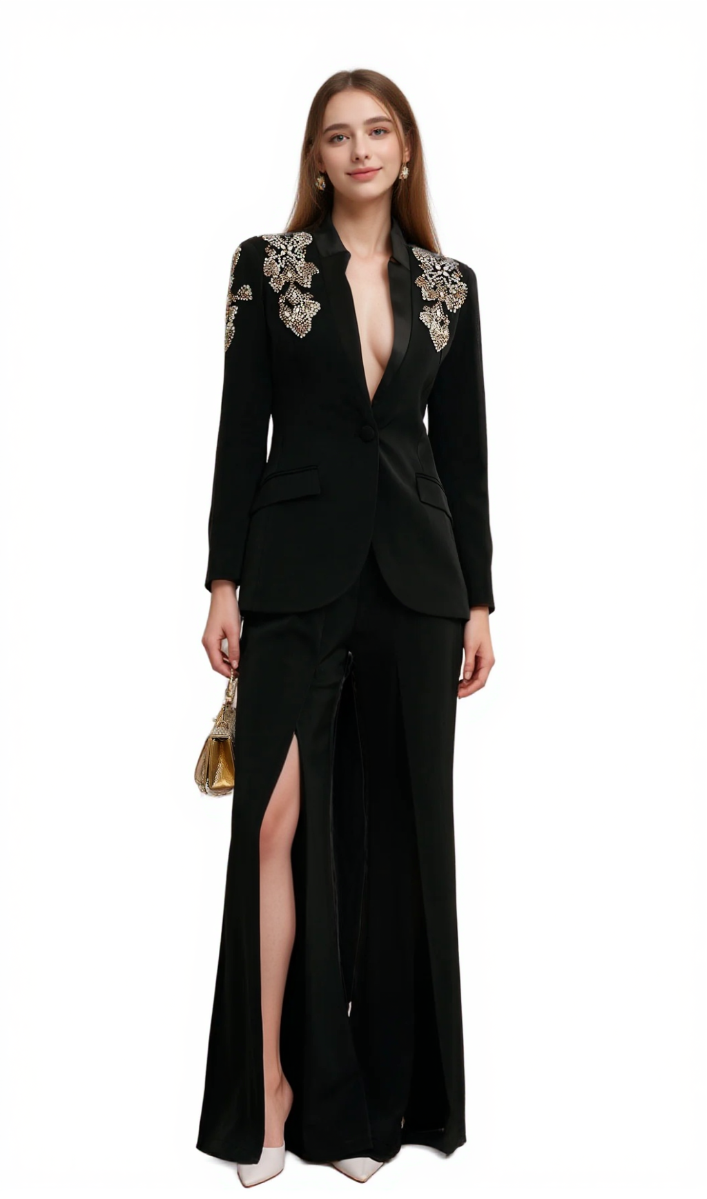 DELPHINE BLACK EMBELLISHED JACKET & TROUSERS MATCHING SET