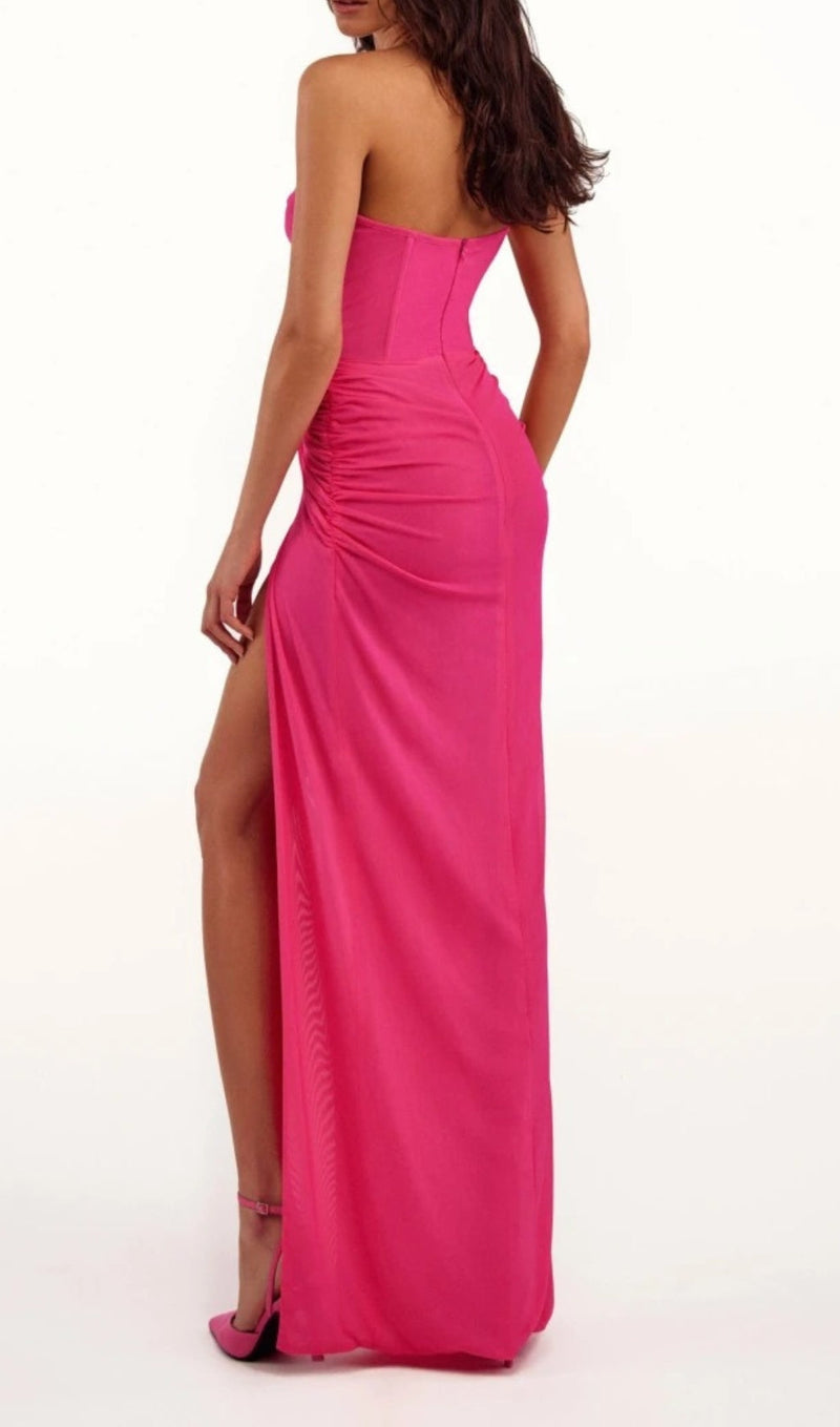 STRAPLESS RUCHED DRESS IN HOT PINK