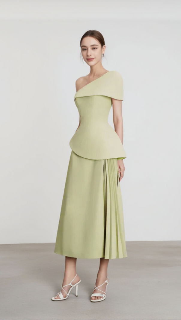 AIIZIE ONE SHOULDER TOP FLARE MIDI SKIRT SUIT IN OLIVE GREEN - product image