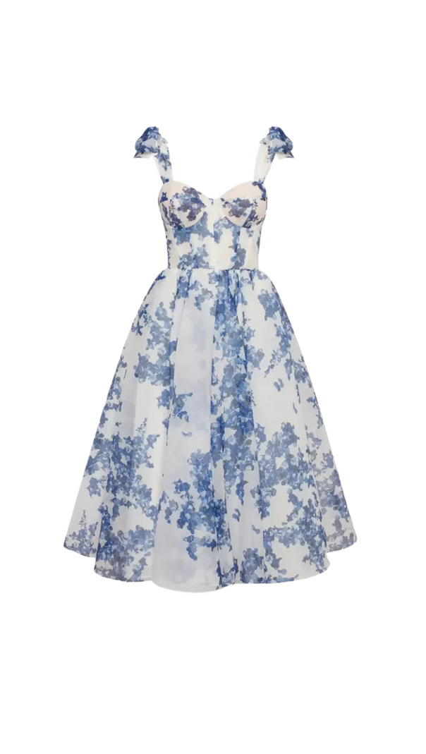 PRIMA HELLBLAUES MIDIKLEID MIT BLUMENMUSTER IN A-LINIE UND TRÄGERN