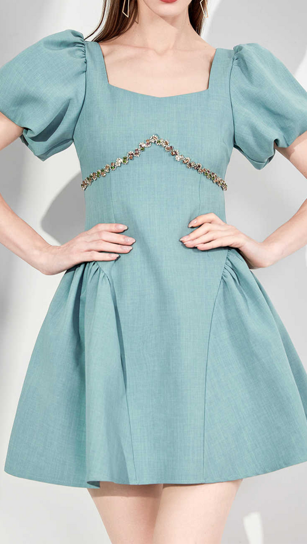 AIIZIE PUFF SLEEVES WAIST-TIGHTENING MINI DRESS IN GREEN - product image