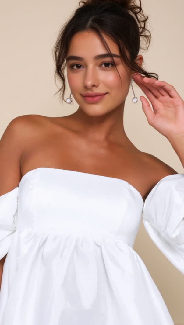 AIIZIE SWEET VISION WHITE TAFFETA OFF-THE-SHOULDER BABYDOLL MINI DRESS - product image