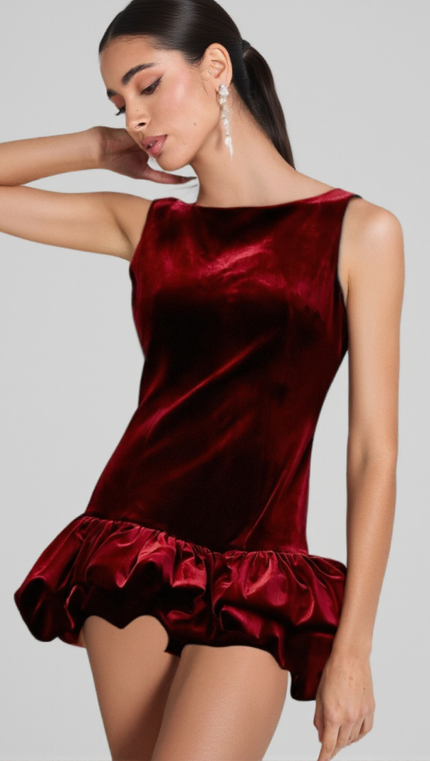 AIIZIE MARION RED PEPLUM-HEM VELVET MINI DRESS - product image