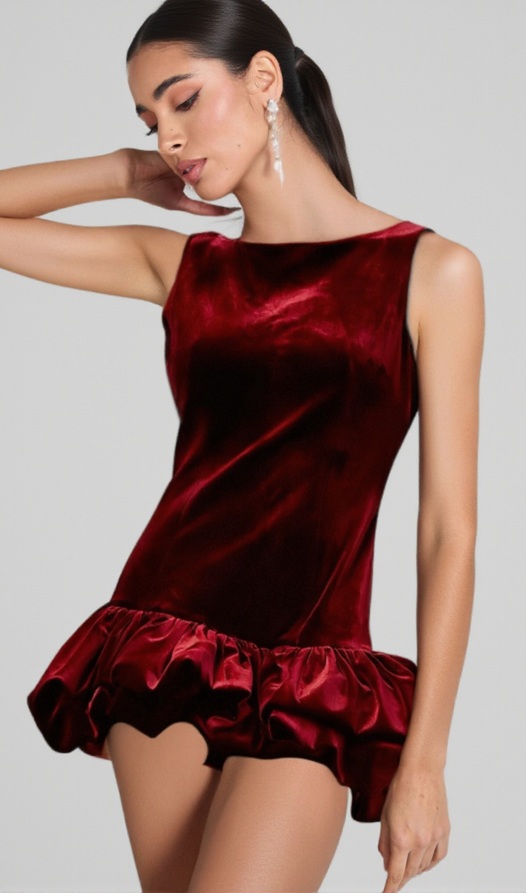 MARION RED PEPLUM-HEM VELVET MINI DRESS
