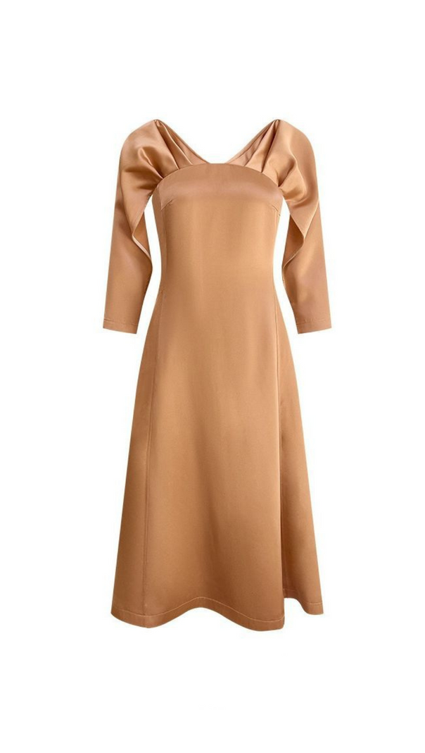 AIIZIE ODELIA V-NECK BROWN A-LINE MIDI DRESS - product image