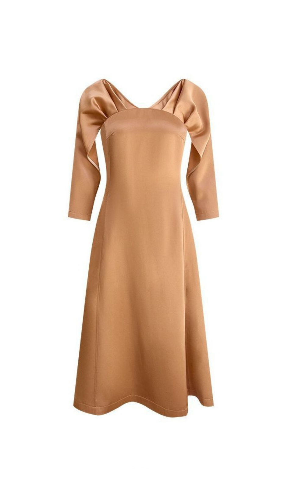 ODELIA V-NECK BROWN A-LINE MIDI DRESS