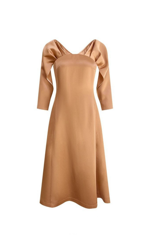 ODELIA V-NECK BROWN A-LINE MIDI DRESS