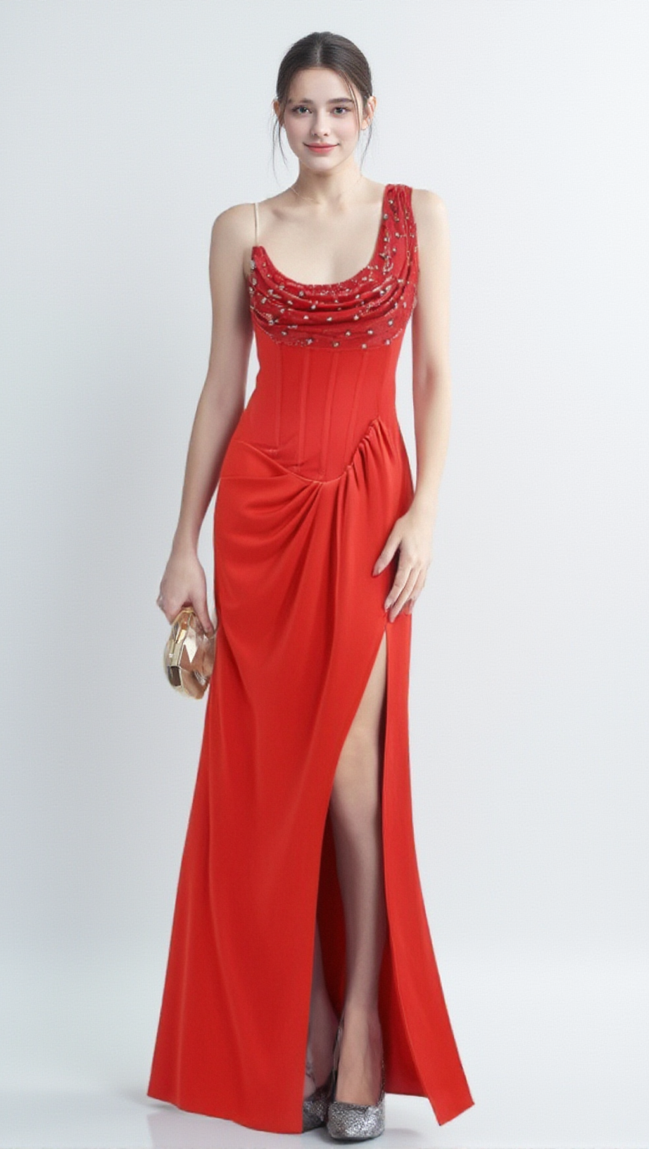 ELMA ONE-SHOULDER CRYSTAL DETAIL HIGH SLIT MAXI DRESS IN RED
