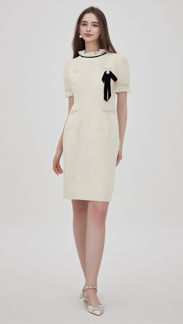 HÉLÈNE FAUX-PEARL FRILLED MIDI DRESS