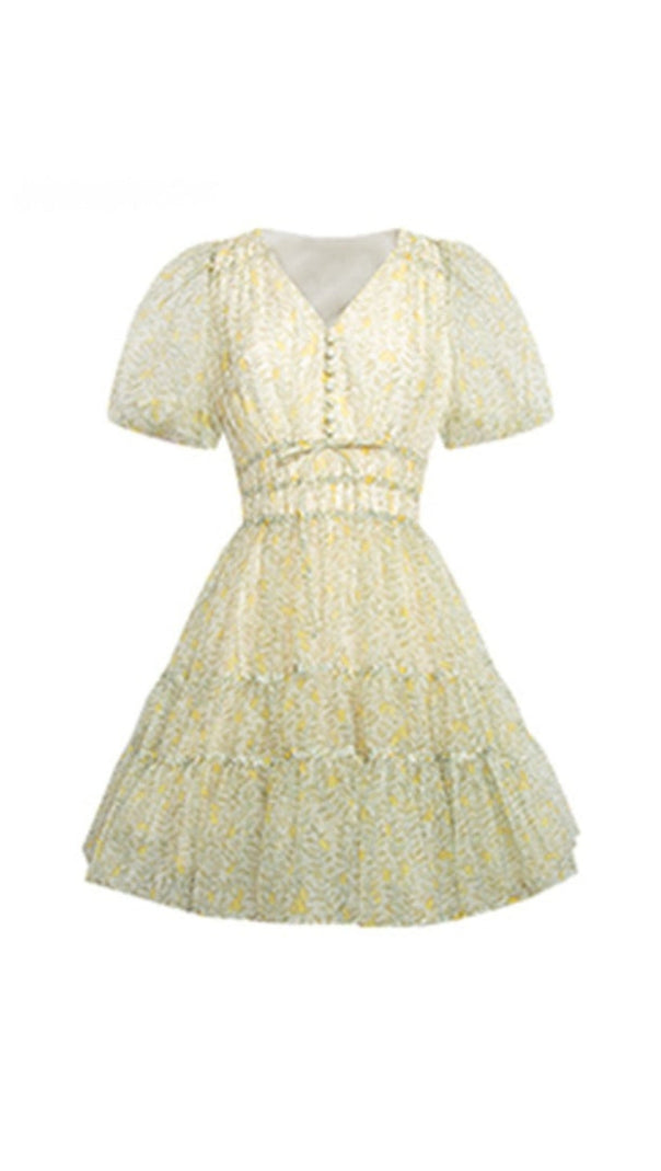 AIIZIE PRINTED V-NECK TUTU MINI DRESS IN DAISY YELLOW - product image